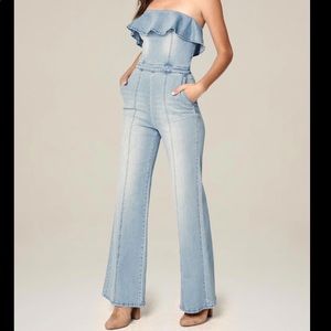 Bebe Denim Ruffled Strapless Wide Leg Jumpsuit - 6